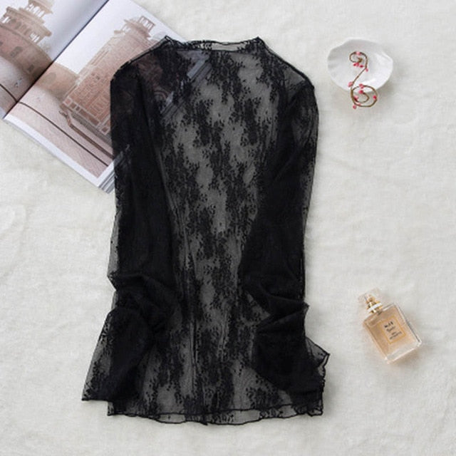 New Transparent Korean Loose Women Lace Blouse 3 Colors Female Bottoming Blouses S-3XL Size Cheaper Tops Kawaii T Shirt