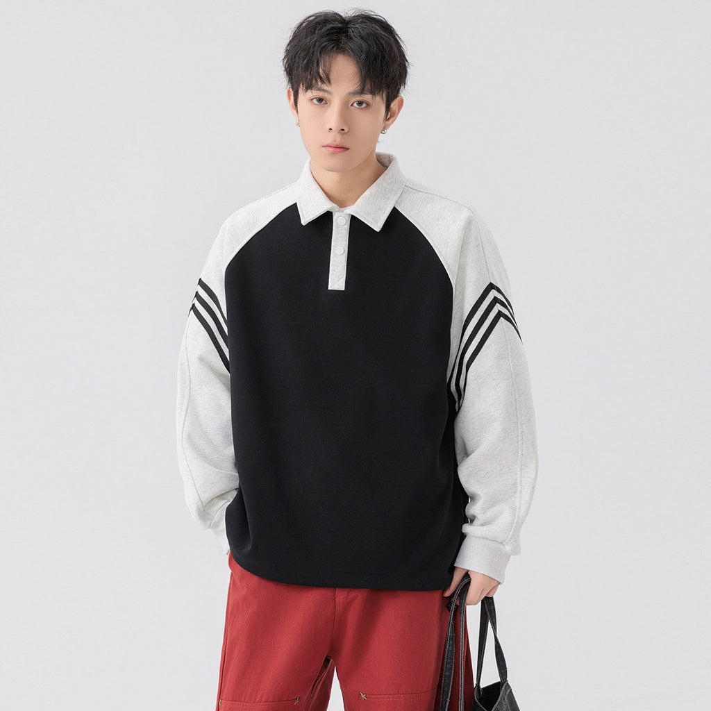 Heavyweight Double-Sided Fabric Flip Collar Hoodie Men's Spring Autumn New Stitched Stripe Raglan Sleeve Polo Neck Loose Long Sleeve
