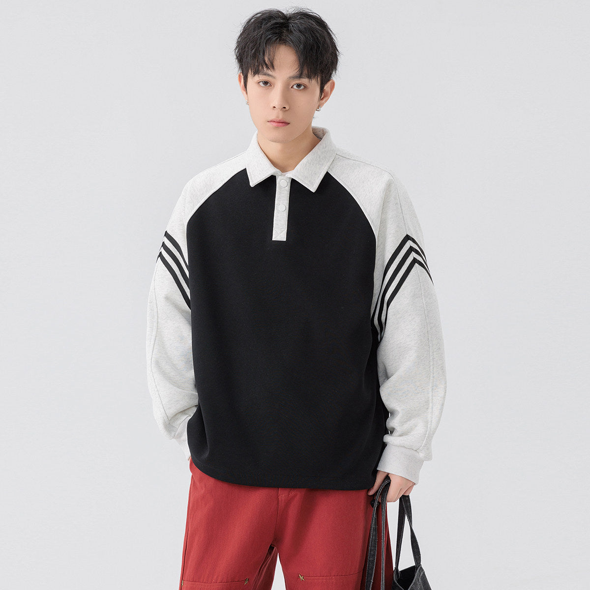 Heavyweight Double-Sided Fabric Flip Collar Hoodie Men's Spring Autumn New Stitched Stripe Raglan Sleeve Polo Neck Loose Long Sleeve