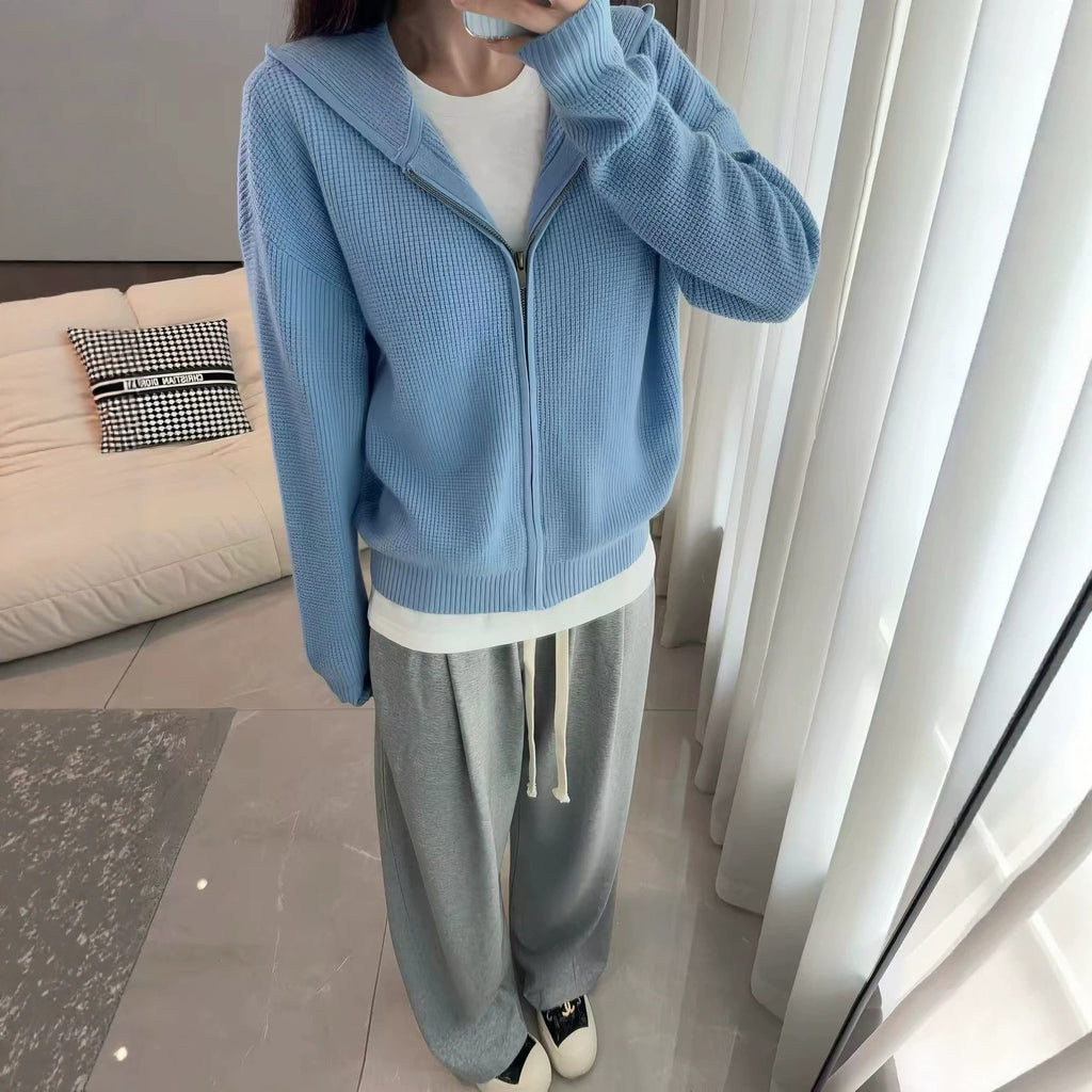 minimalist hooded blue waffle knit cardigan sweater for women