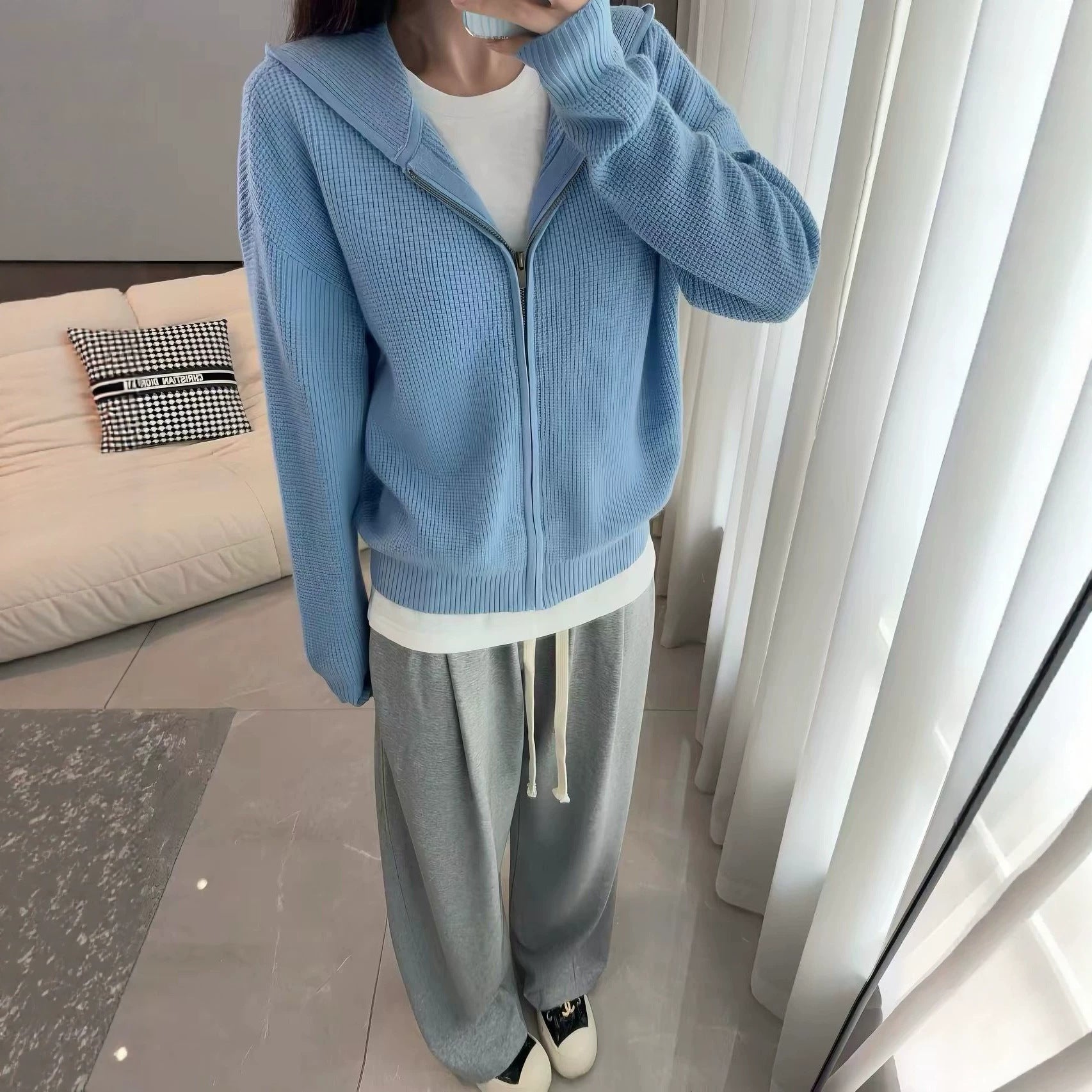 minimalist hooded blue waffle knit cardigan sweater for women