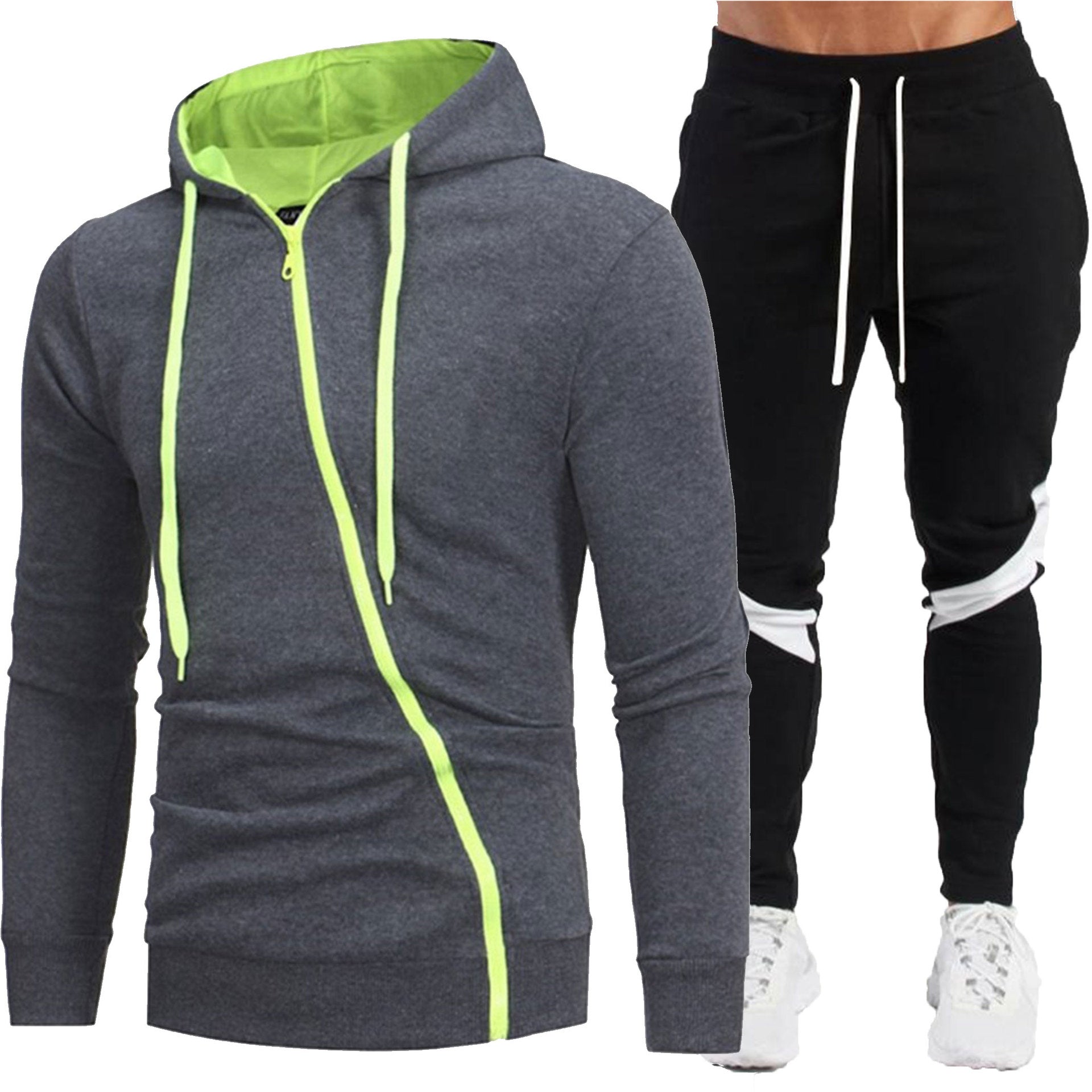 Men's Casual Diagonal Zipper Hooded Jacket and Long Pants Two-Piece Set