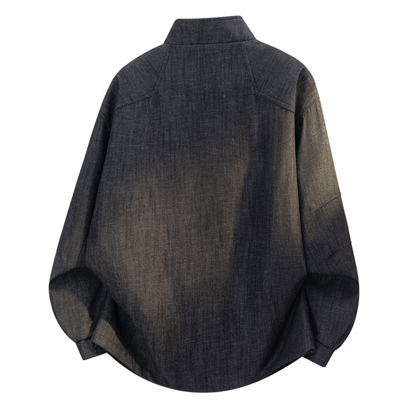 Vintage Denim Zipper Stand Collar Loose Fit Jacket for Men