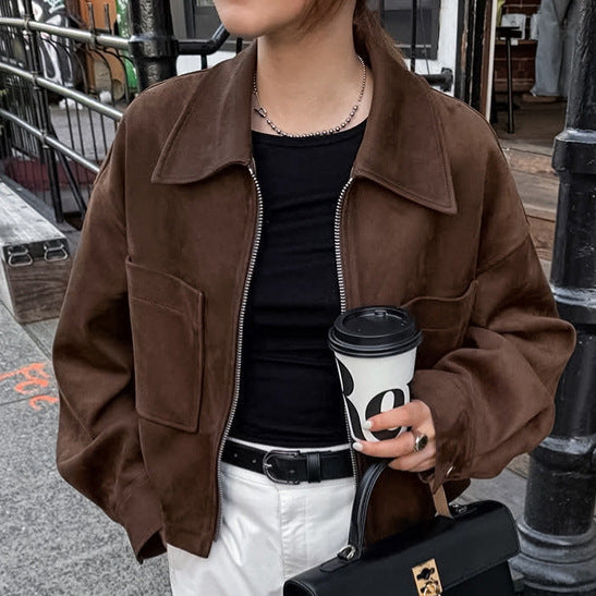 Vintage Style Loose Jacket for Women, Brown Suede Coat,Women's Clothing