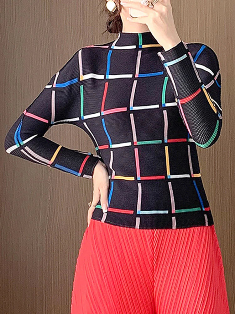 Pleated Stand Collar T Shirt Women Fashion Niche Design Slim New Spring  Full Sleeve Female Clothing