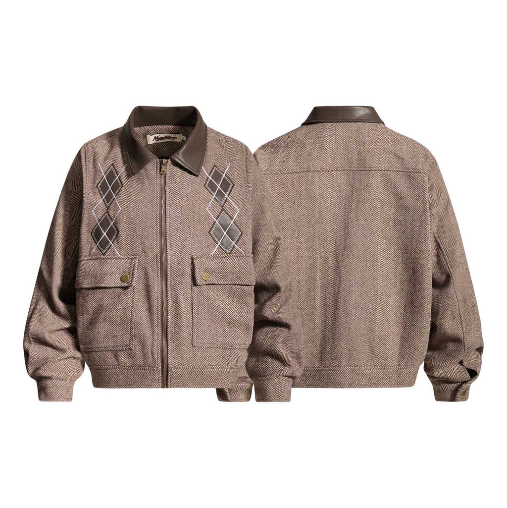 Leather collar herringbone design jacket