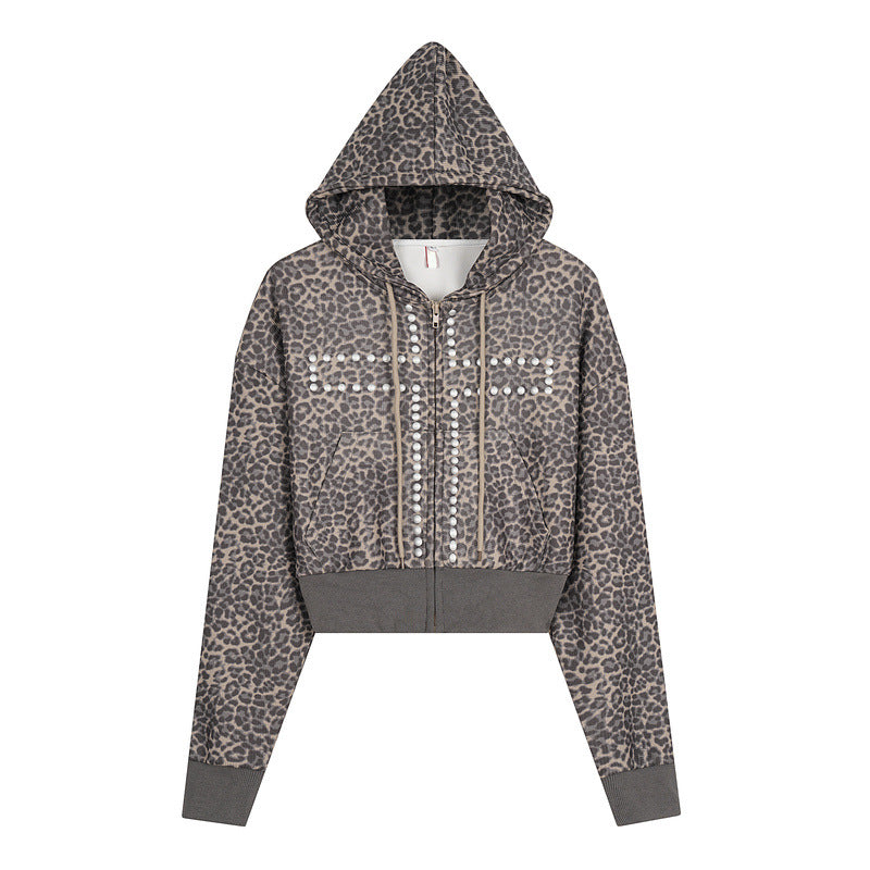 Women's hoodie with cross decoration short and wide hoodie with zipper jacket
