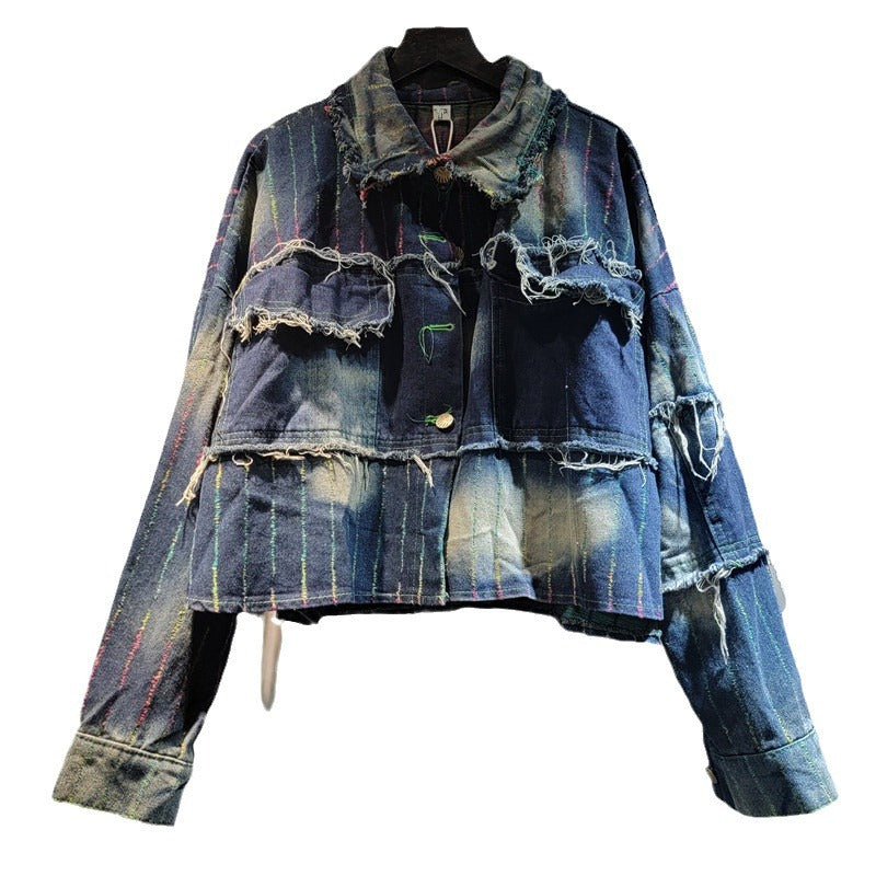 Design colorful denim clothing for women long sleeved loose casual short jacket