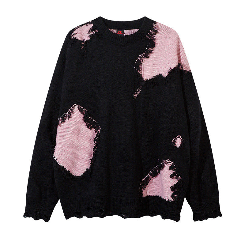 Cat whisker tassel torn hole spliced contrasting sweater