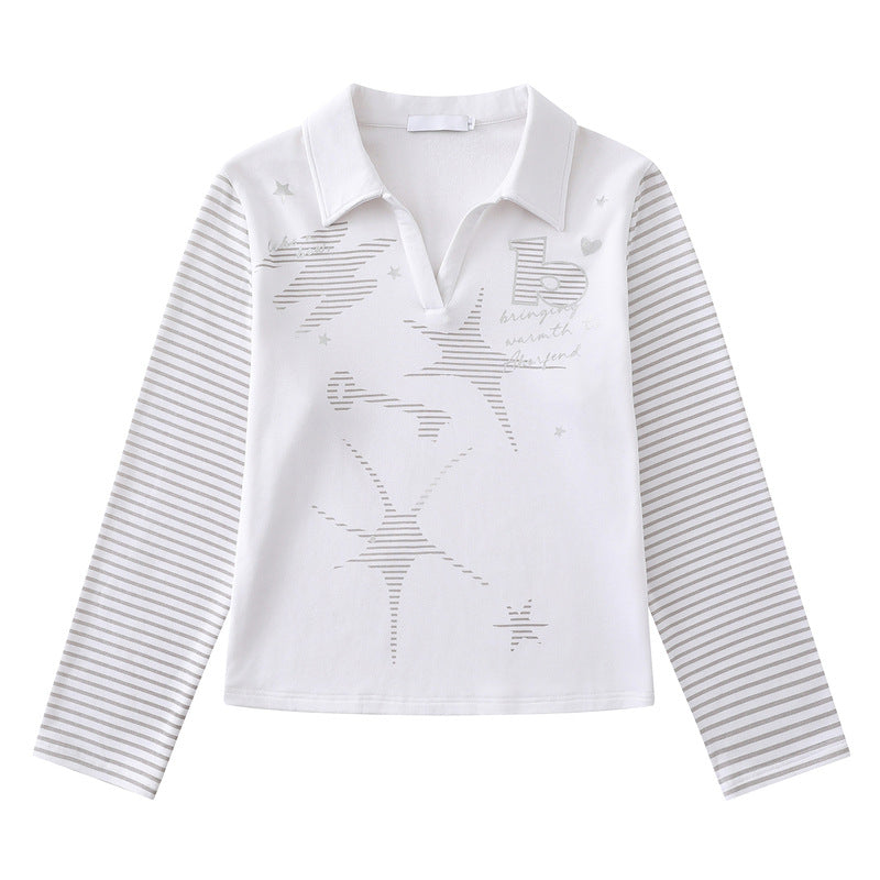 Star print polo collar long sleeved top for women