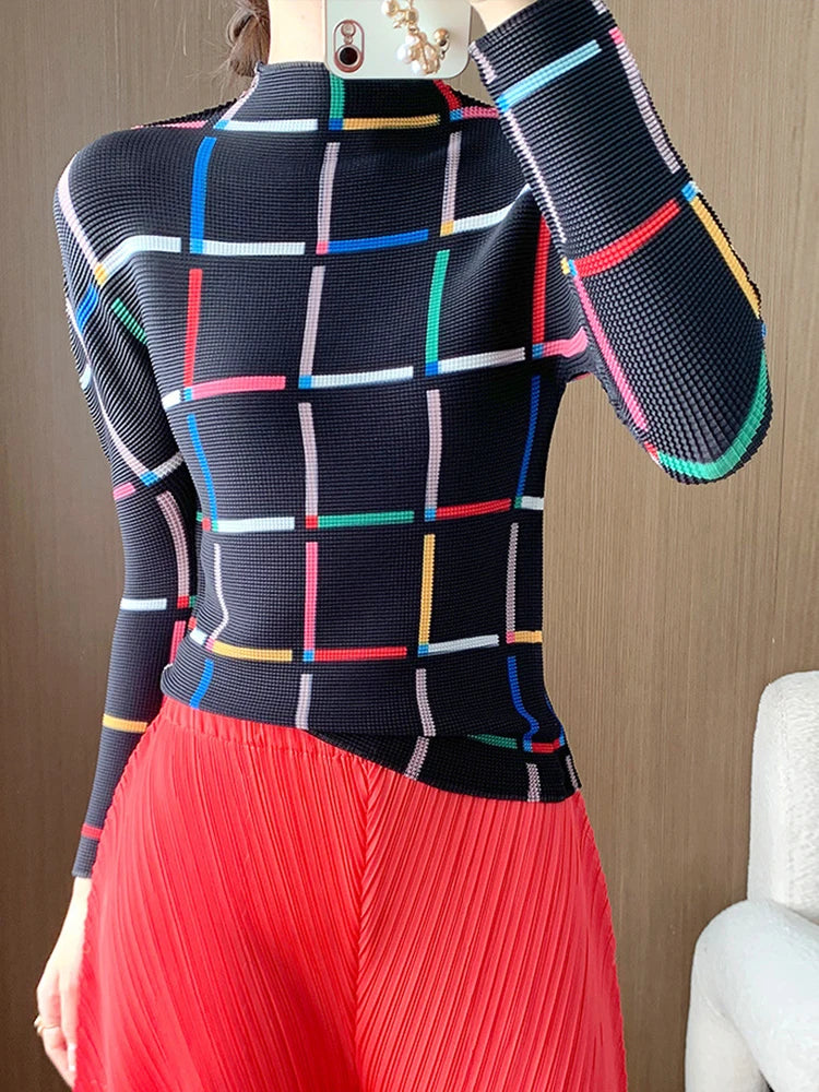 Pleated Stand Collar T Shirt Women Fashion Niche Design Slim New Spring  Full Sleeve Female Clothing