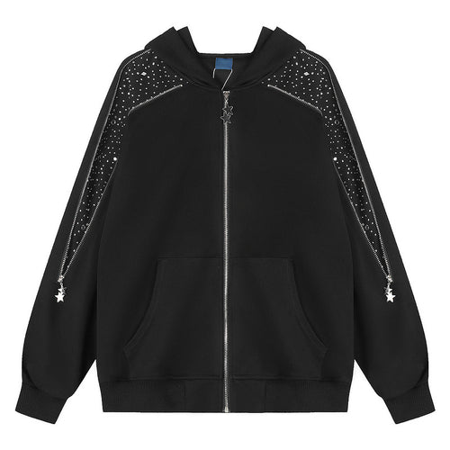 Black sparkling diamond zipper hooded cardigan for women
