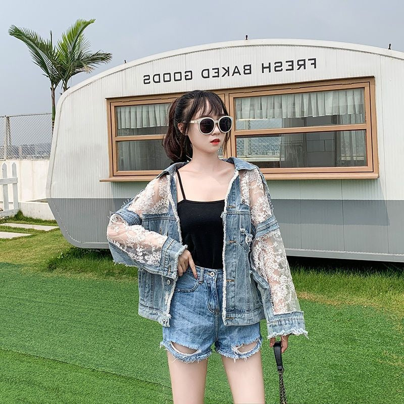 Lace mesh embroidered denim patchwork sun protection clothing for women