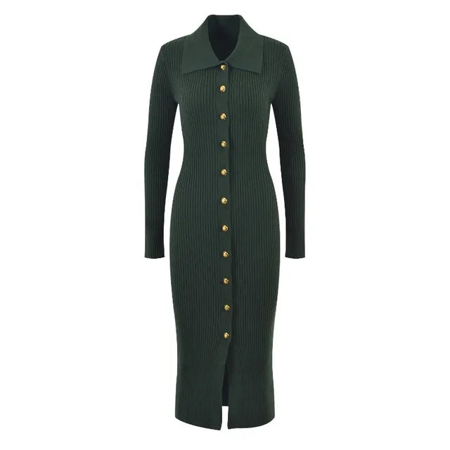 Sweater Dress Women  Luxury Single Breasted Long Sleeve Knitted Dresses Autumn Winter Clothing