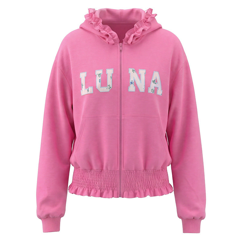 Floral sticker hooded sweatshirt with zipper and cardigan