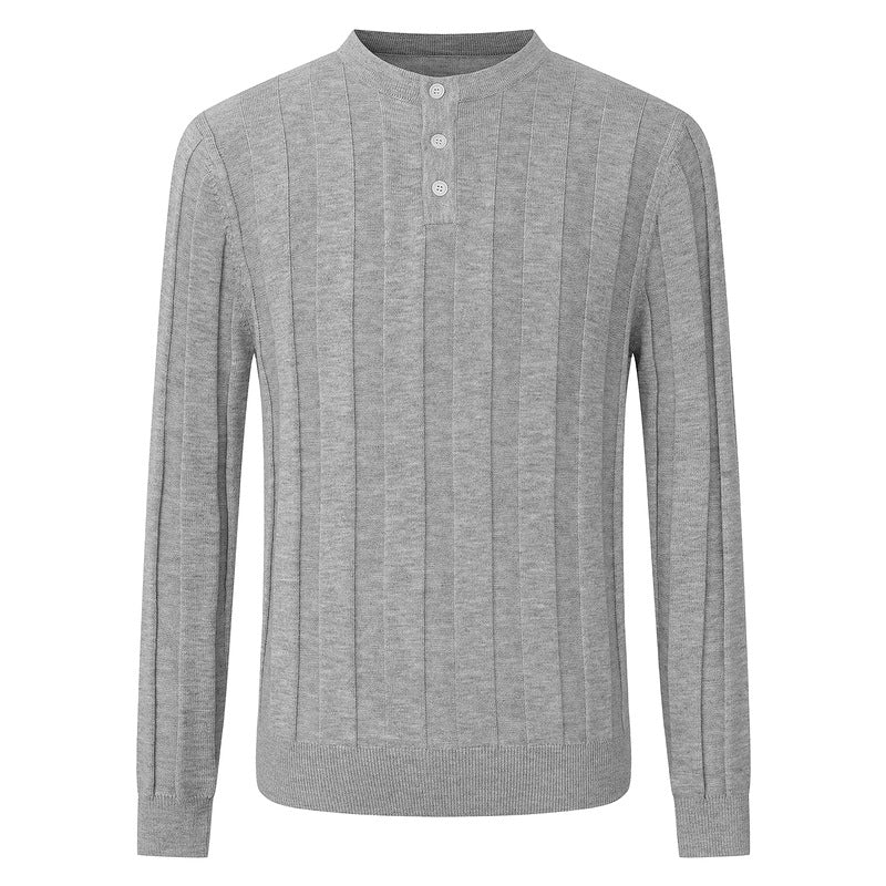 Simple Henley collar vertical pit stripe oat knit sweater