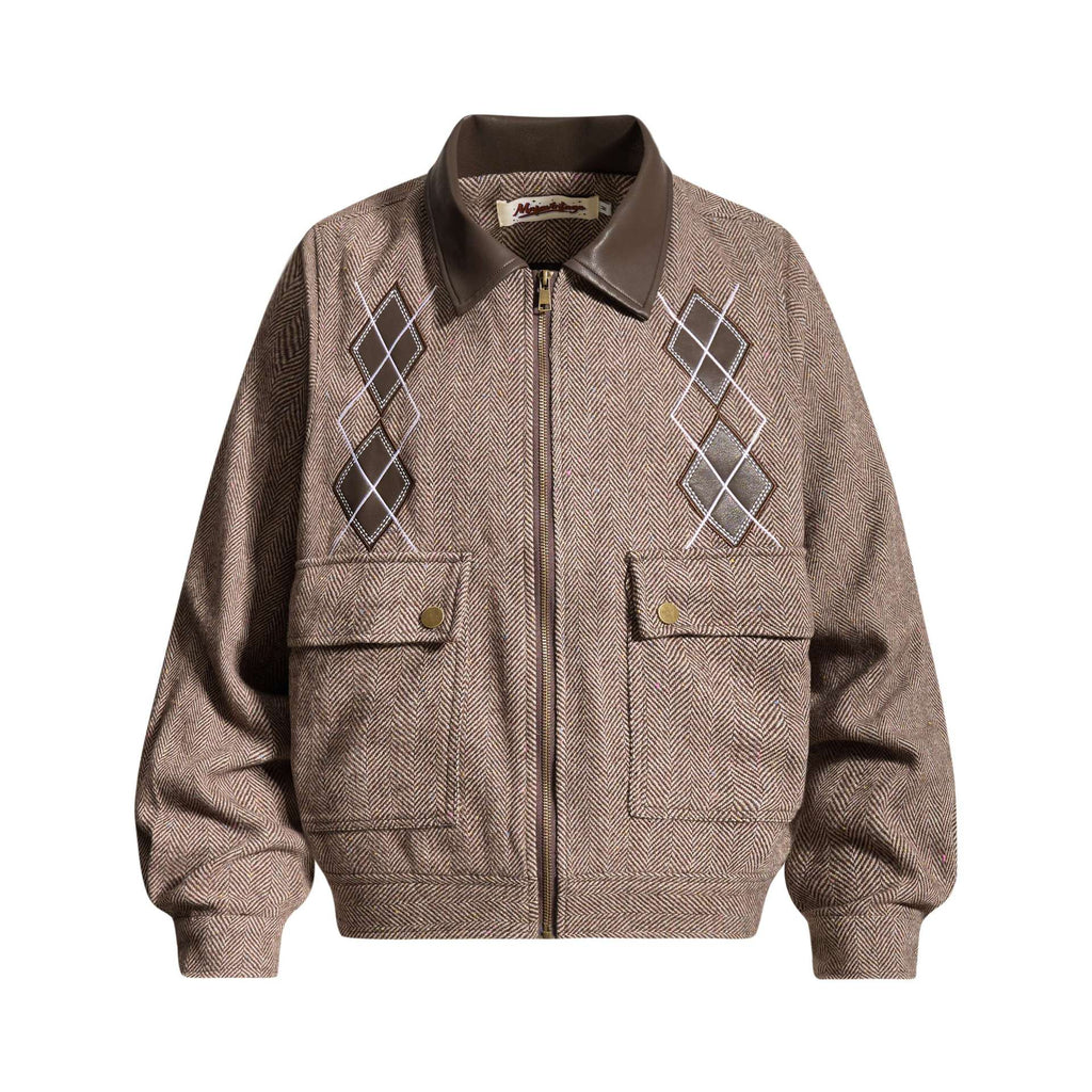 Leather collar herringbone design jacket