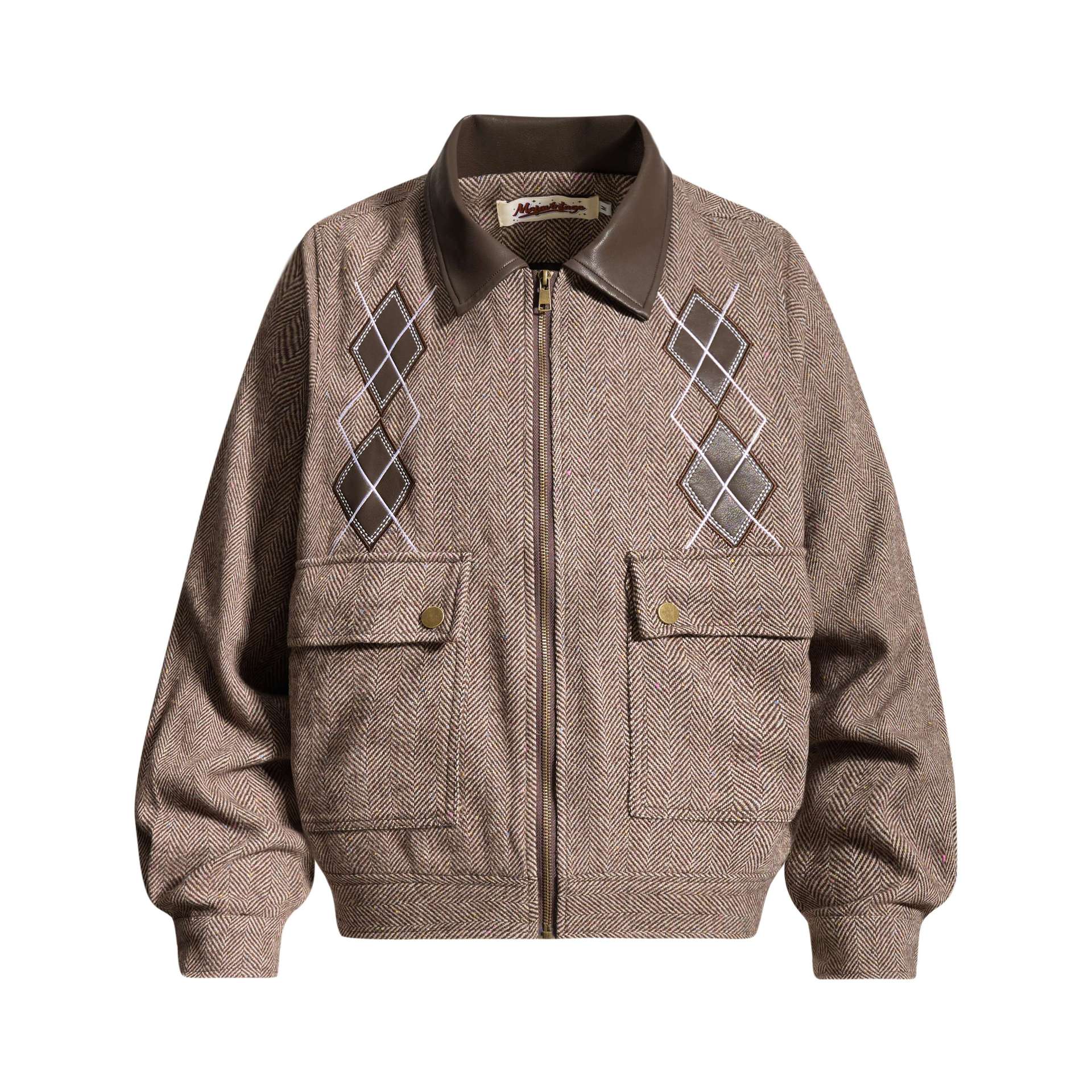Leather collar herringbone design jacket