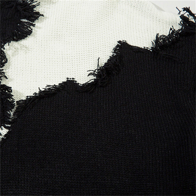 Cat whisker tassel torn hole spliced contrasting sweater