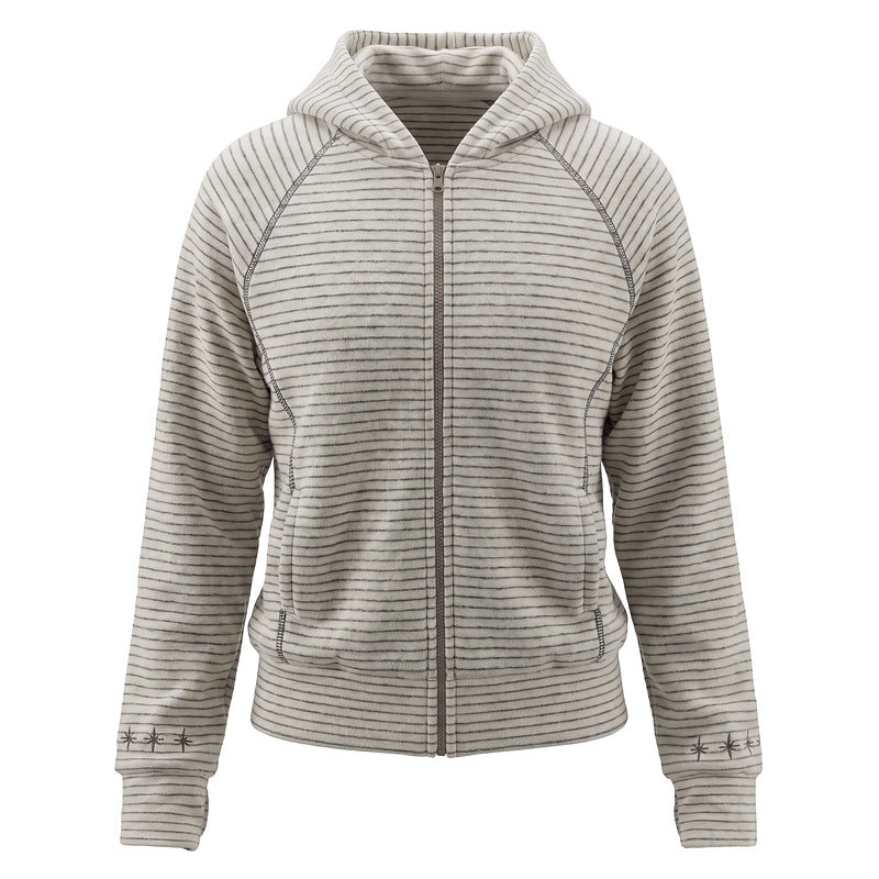 Light gray striped hooded zipper embroidered short jacket for women