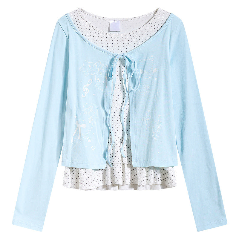 Two piece T-shirt set with polka dot strap and tie design