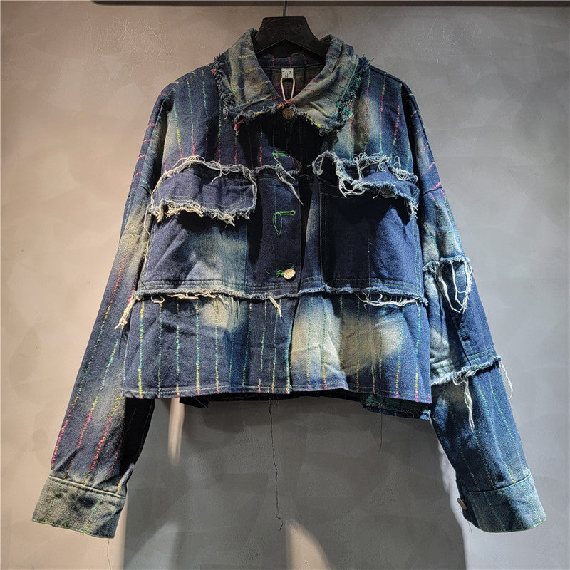 Design colorful denim clothing for women long sleeved loose casual short jacket