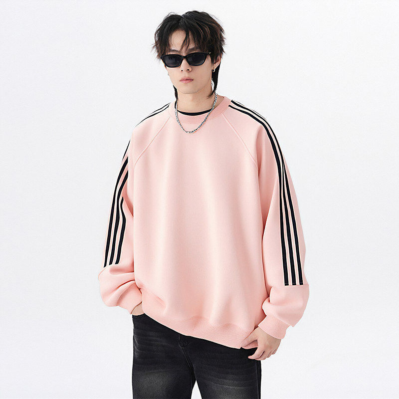 Retro Trendy Brand Stripe Crewneck Hoodie Unisex Loose Fit Long Sleeve Top