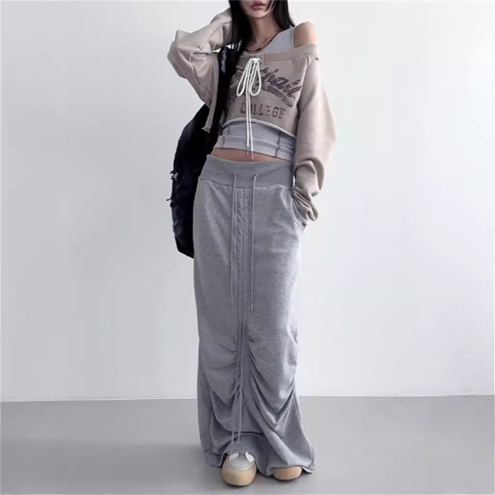 High Waist Casua Lace-up Shirring Design Skirts Gray Black Long Skirt Fashion Women Clothing