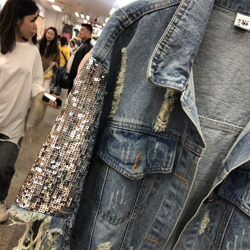 Spring and Autumn Heavy Industry sequined denim jacket for women, loose, fashionable, personalized, and distressed clothing trend