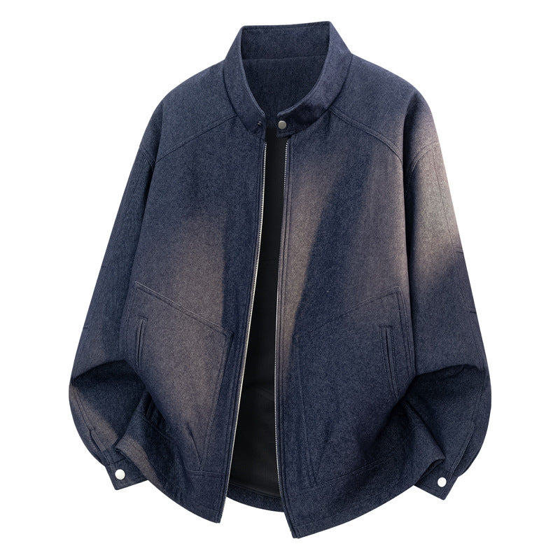 Vintage Denim Zipper Stand Collar Loose Fit Jacket for Men