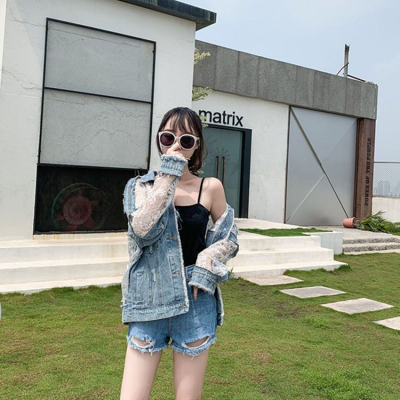 Lace mesh embroidered denim patchwork sun protection clothing for women