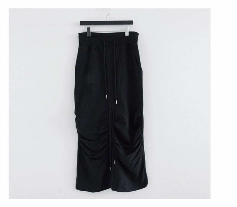 High Waist Casua Lace-up Shirring Design Skirts Gray Black Long Skirt Fashion Women Clothing