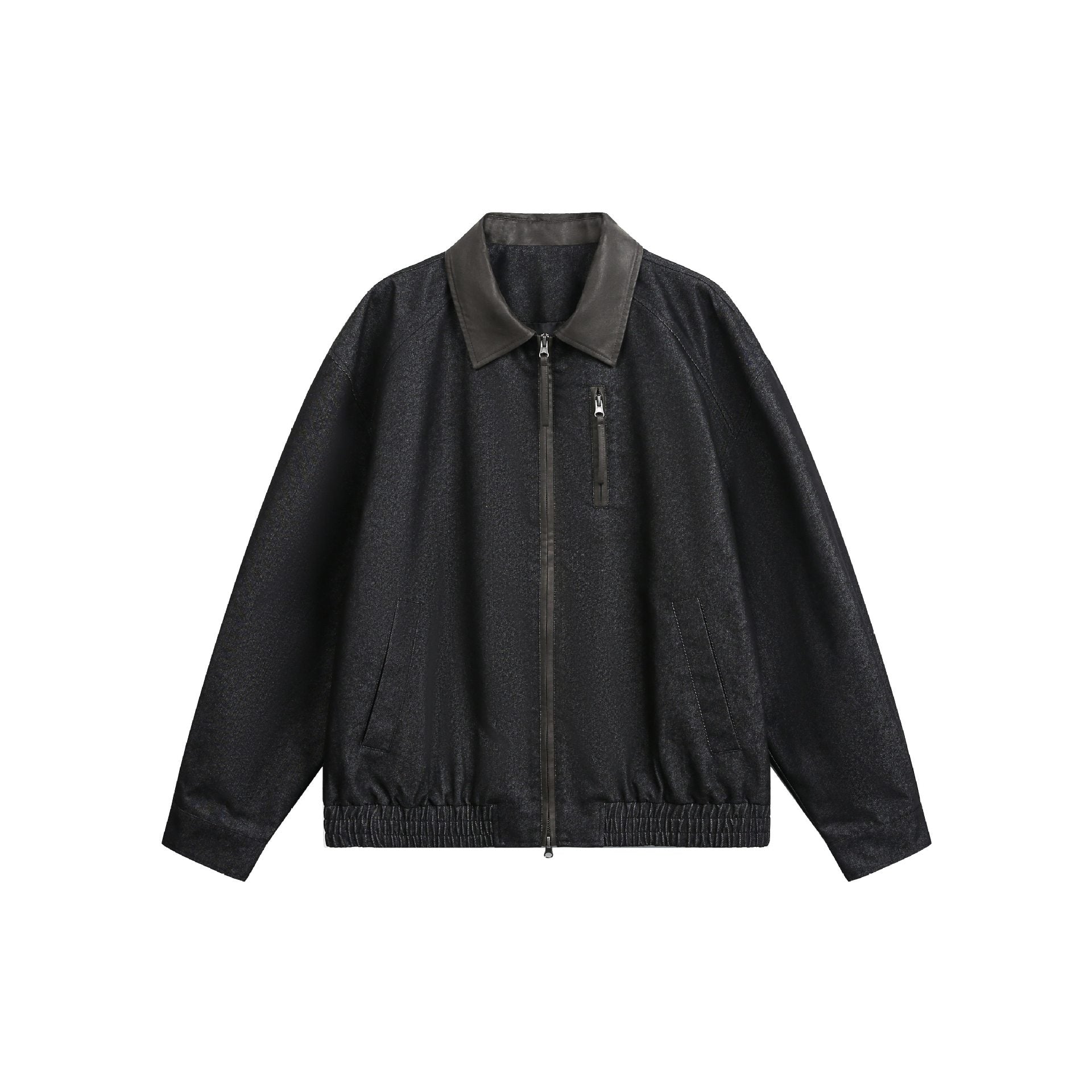 Loose PU Leather Patchwork Stand Collar Color-blocked Original Denim Jacket for Men