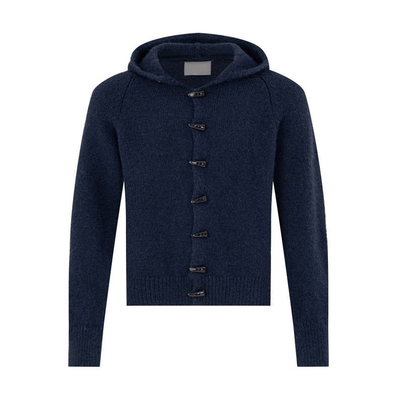 Knitted jacket with hat single row cow horn button short cardigan sweater