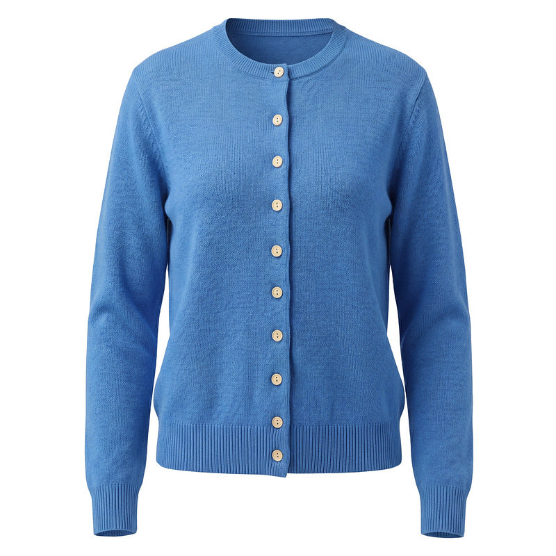 Round neck knitted cardigan light wood color single breasted long sleeved sweater