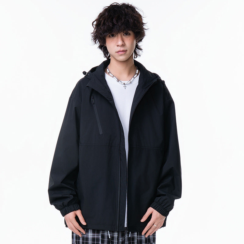 Outdoor Windproof Hooded Jacket, Solid Color Single-Layer Workwear Outerwear for Hiking