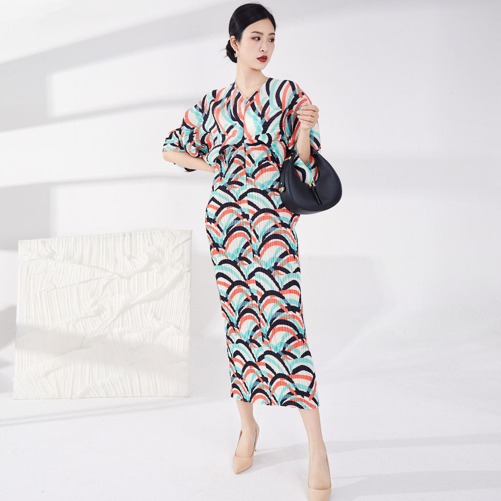 Contrast Color Pleatd Dress Print V Neck Batwing Sleeve Evening Dresses For Women Spring New Elegant Clothing