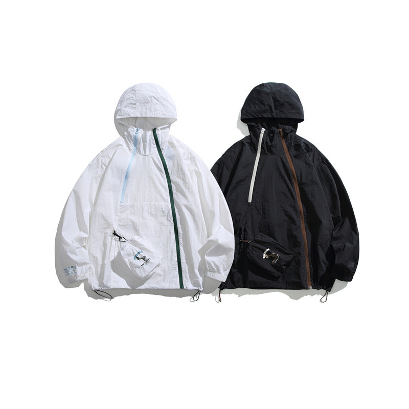 Slant zipper large pocket hooded sun protection clothing for men and women