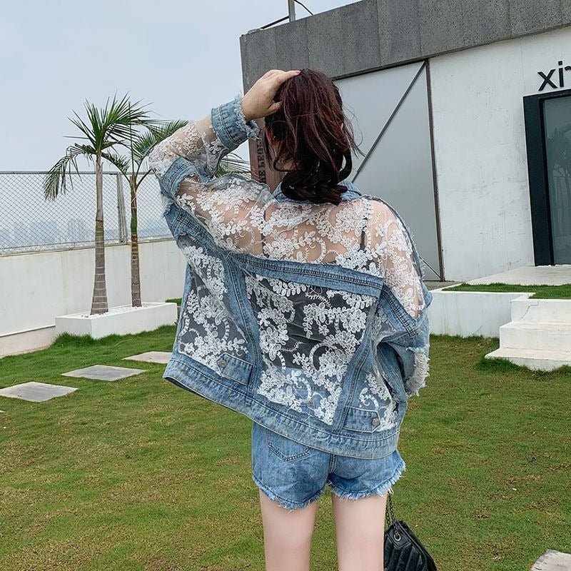 Lace mesh embroidered denim patchwork sun protection clothing for women