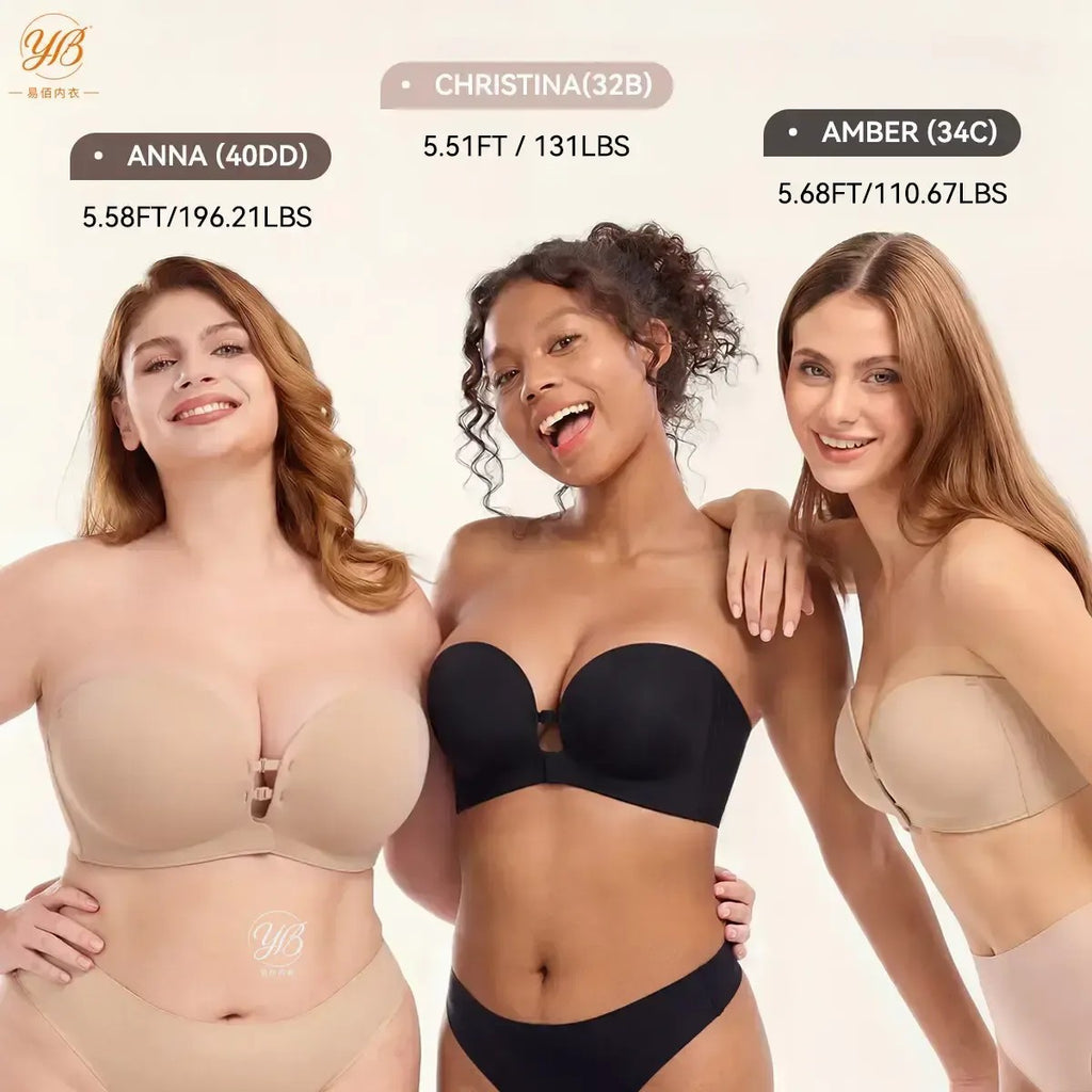 Plus Size Strapless Front Closure Bra for Women, Non-Slip Wireless Push Up Supportive Seamless Padded Underwear