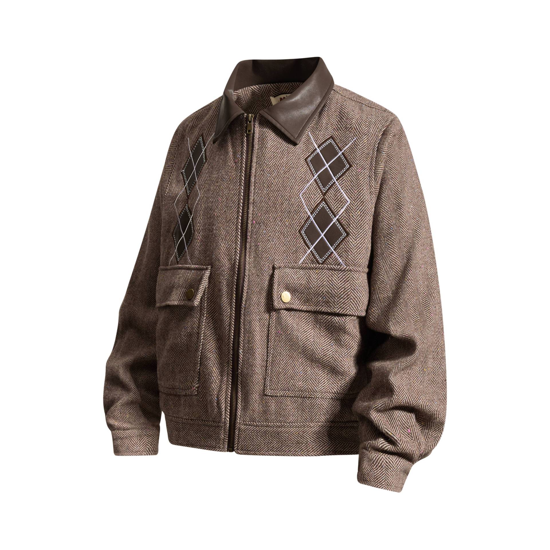 Leather collar herringbone design jacket