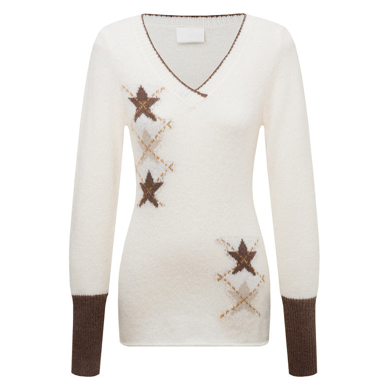V-neck star jacquard knitted sweater with contrasting color pullover sweater