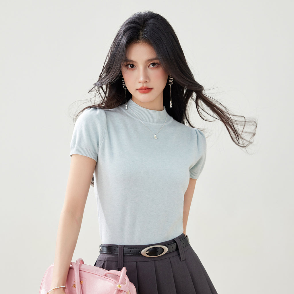 Clothing  Solid Color Short Sleeve Round Neck Knit Top for Women