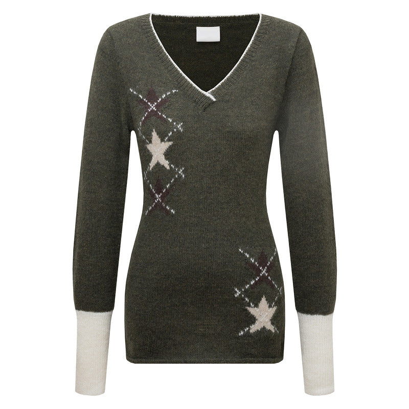 V-neck star jacquard knitted sweater with contrasting color pullover sweater