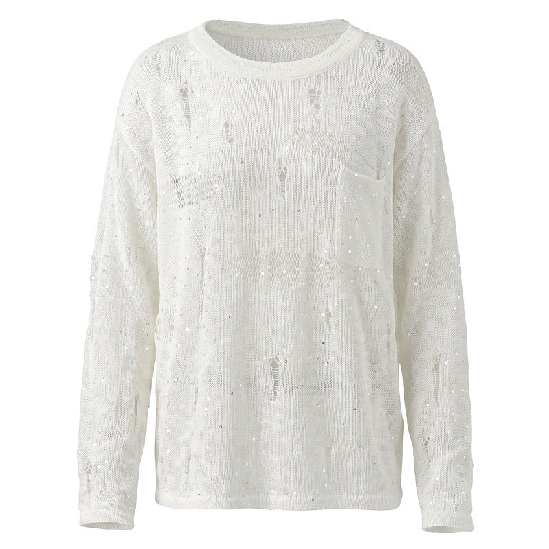 Broken hole hollow sequin knit sweater round neck sweater