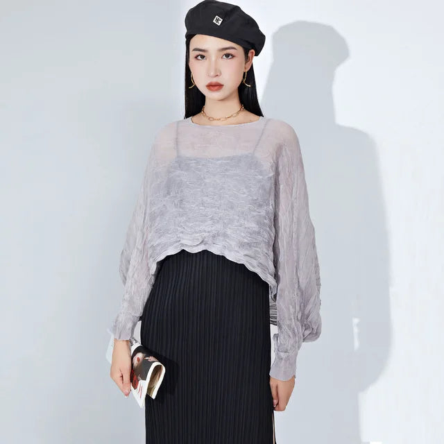 Pleated Long Sleeve Blouse For Women Round Collar Solid Color  Summer Elegant Female Casual Breathable Clothing