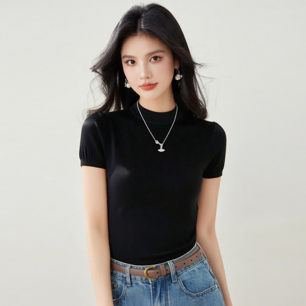 Clothing  Solid Color Short Sleeve Round Neck Knit Top for Women