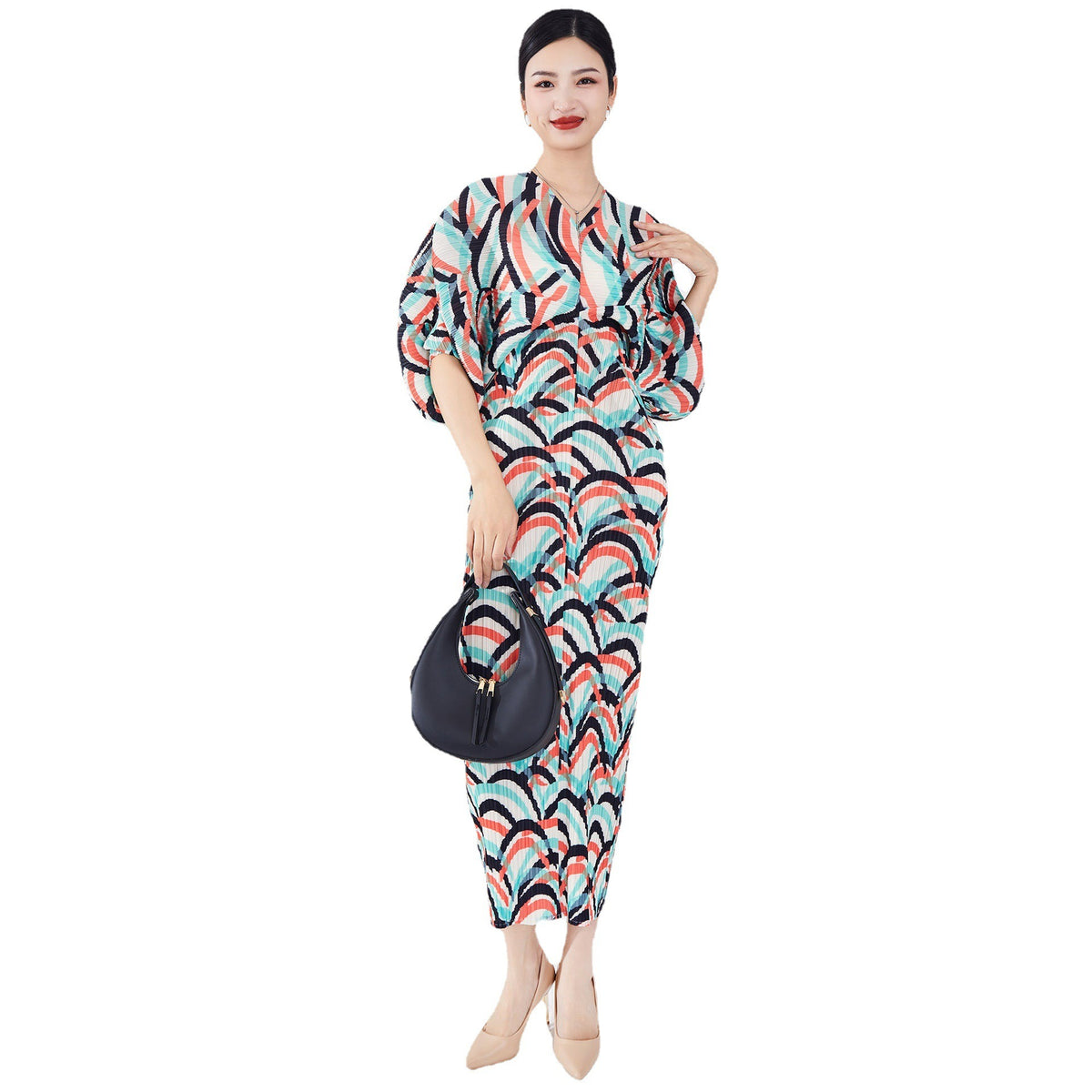 Contrast Color Pleatd Dress Print V Neck Batwing Sleeve Evening Dresses For Women Spring New Elegant Clothing