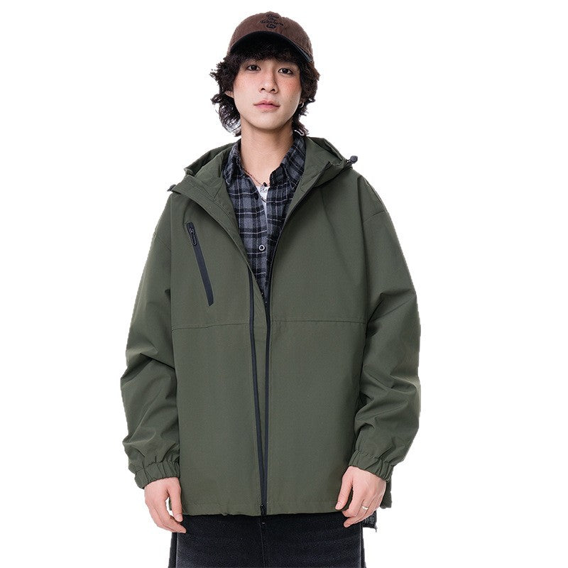 Outdoor Windproof Hooded Jacket, Solid Color Single-Layer Workwear Outerwear for Hiking