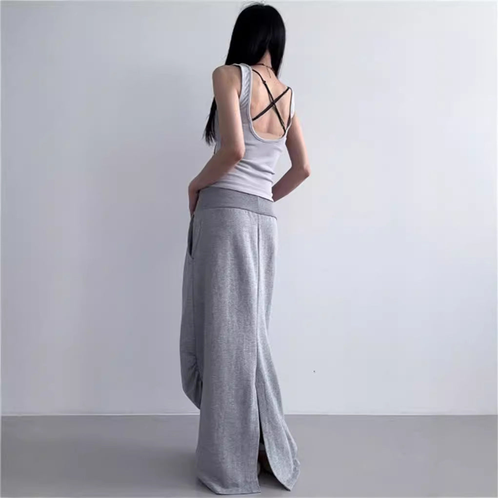 High Waist Casua Lace-up Shirring Design Skirts Gray Black Long Skirt Fashion Women Clothing